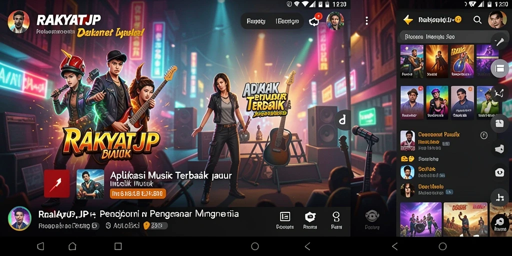 Screenshot gameplay RAKYATJP menampilkan pengguna yang menikmati musik dengan lirik di layar.