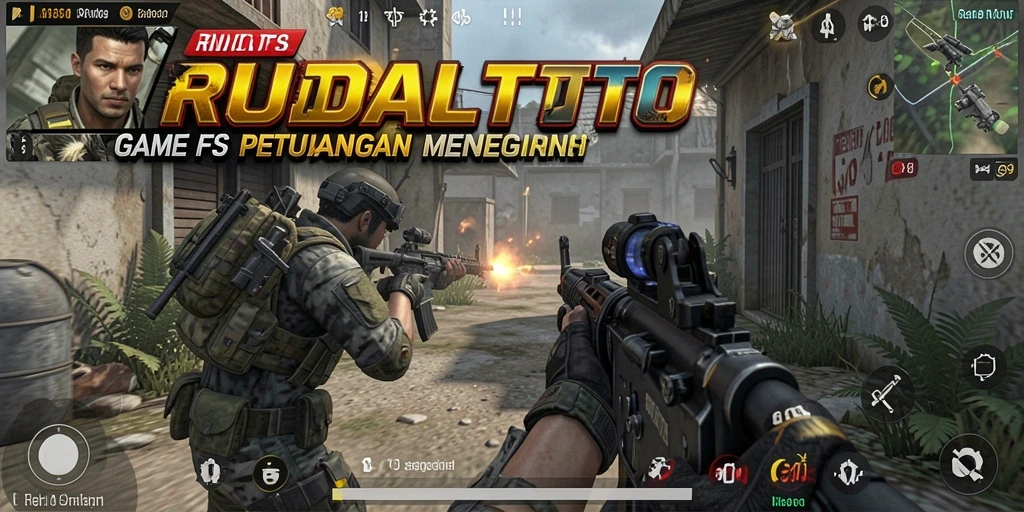 Tampilan gameplay menegangkan dalam RUDALTOTO dengan aksi FPS.